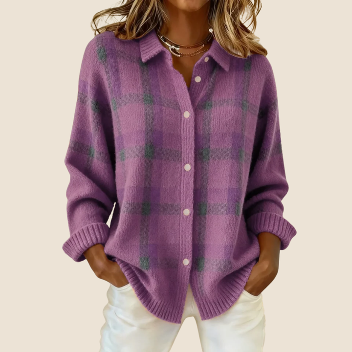 Maglione a quadri abbottonato con colletto da camicia da donna