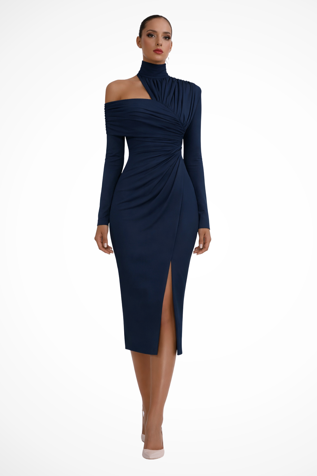 Robe Midi Femme Asymétrique à Manches Longues et Effet Drapé
