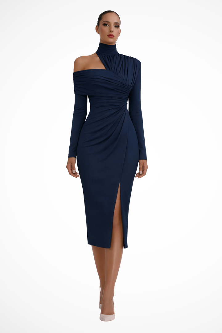Robe Midi Femme Asymétrique à Manches Longues et Effet Drapé