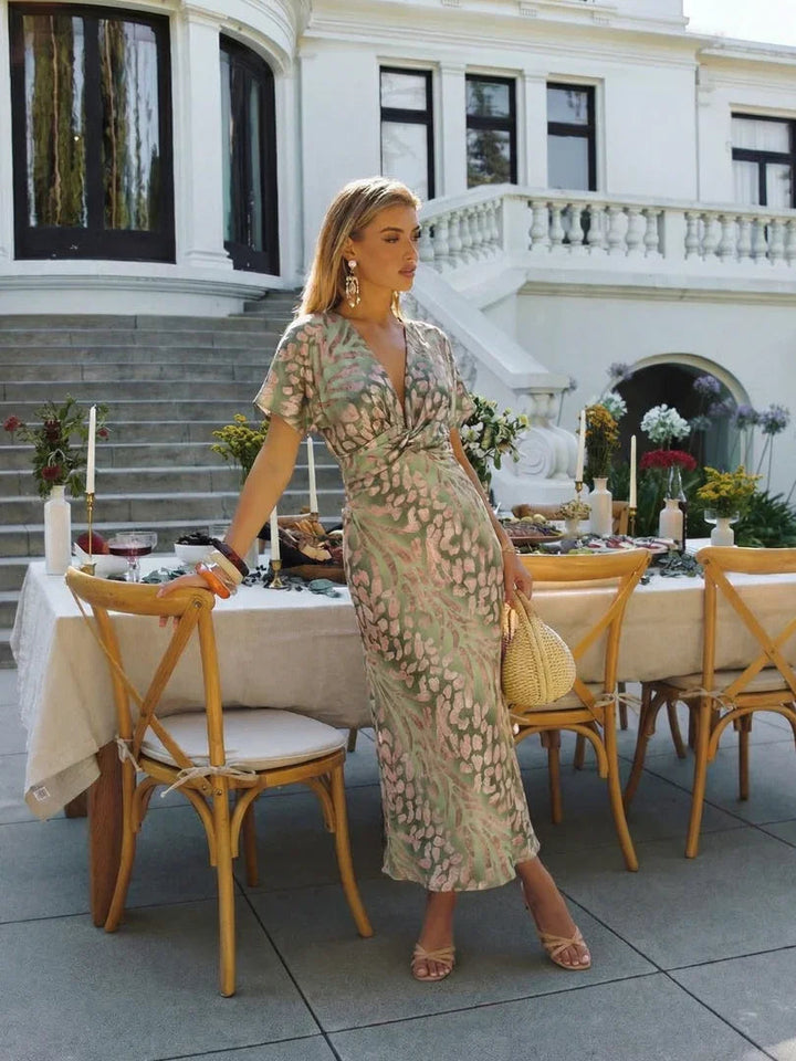 Vestito midi da donna stampato con vita drappeggiata e scollo a V