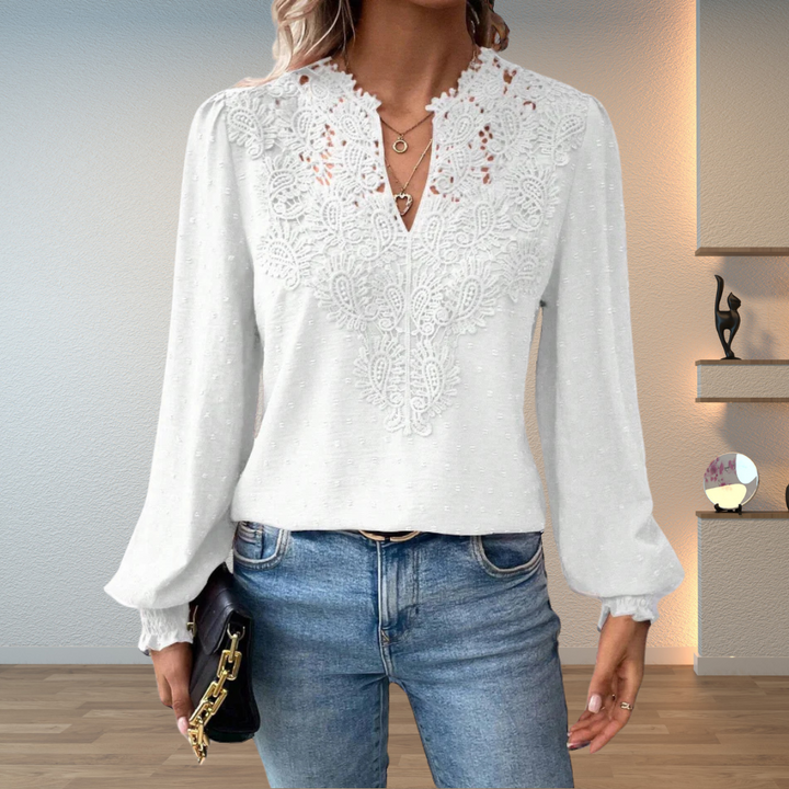 Blouse Femme Col V Brodé à Manches Longues Fluides