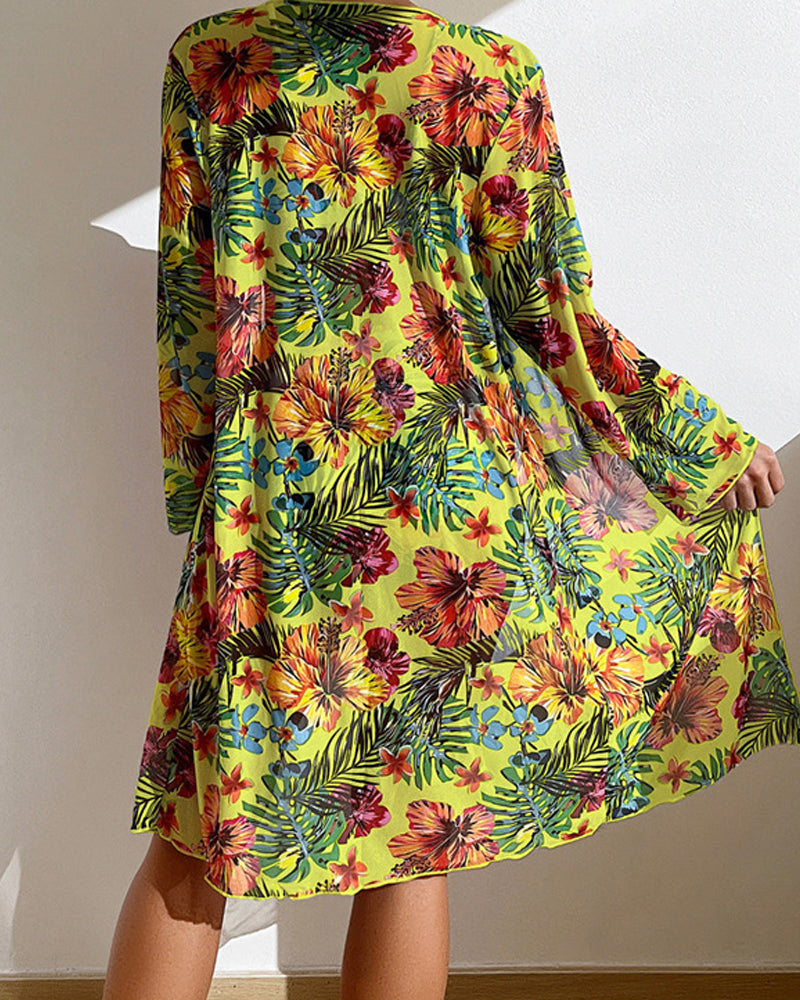 Ensemble Bikini Trois Pièces Fleuri Tropical avec Kimono Femm