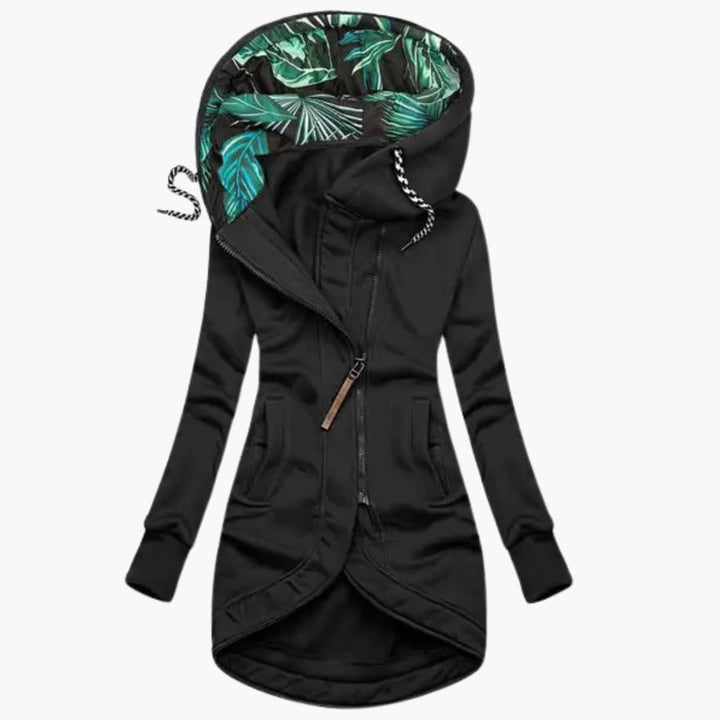 Veste Longue Femme à Capuche Imprimée et Zip Asymétrique