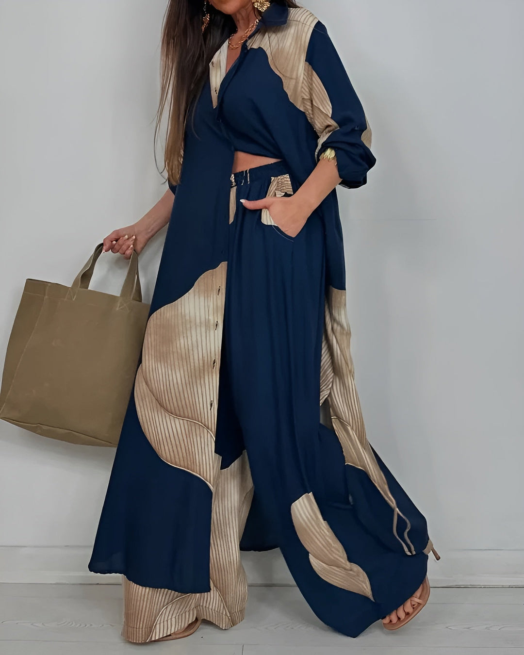Bohémská dámská dvoudílná sada s lehkým kimono a širokými kalhotami
