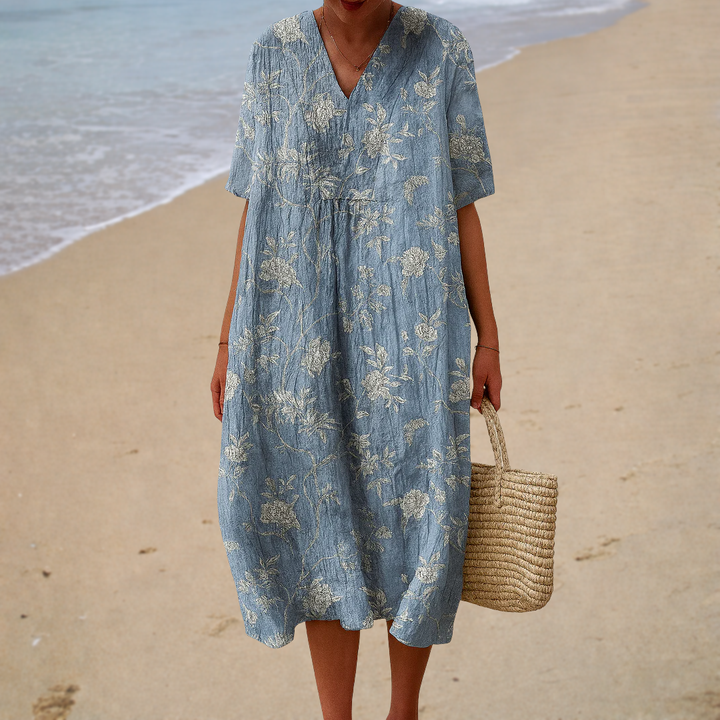 Robe Midi Femme Fleurie Bleue Manches Courtes