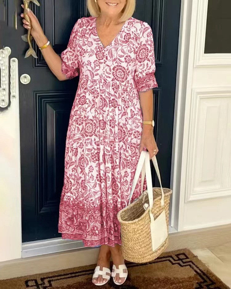 Abito midi da donna con scollo a V e motivo floreale