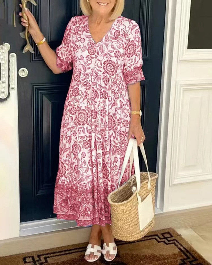 Abito midi da donna con scollo a V e motivo floreale