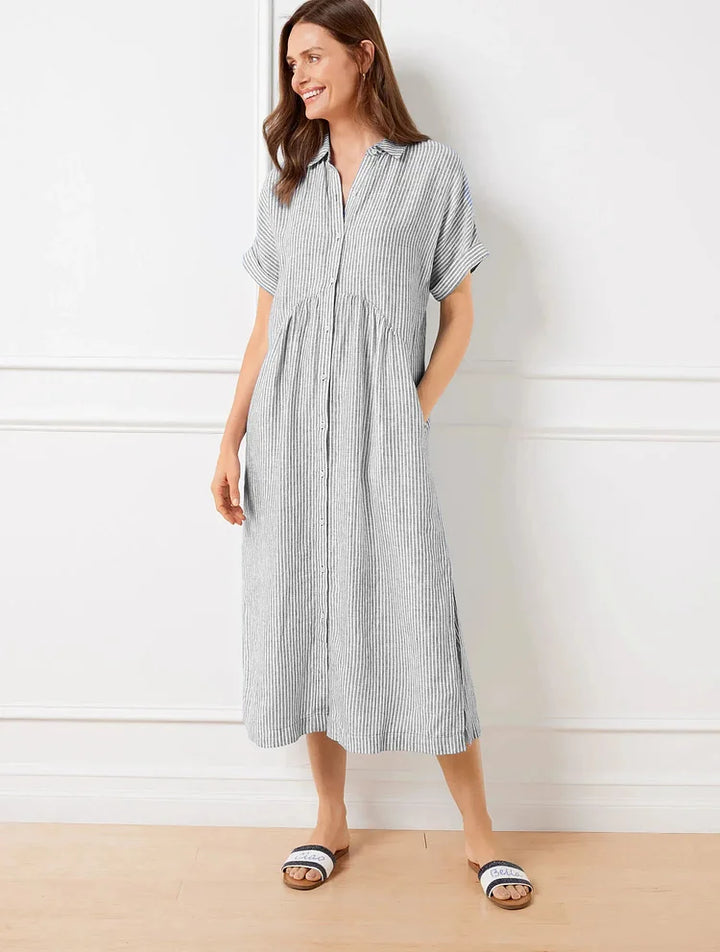 Robe Midi Chemise Rayée à Coupe Fluide et Élégance Décontractée
