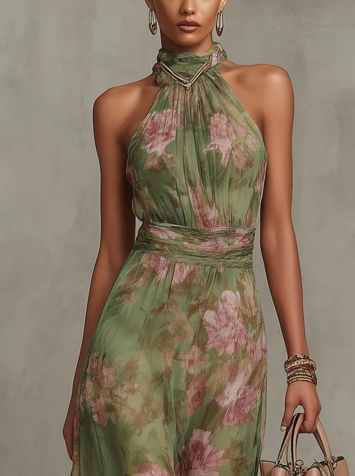 Robe Longue Fleurie à Col Halter pour Femme Maxi Fluide Taille Cintrée