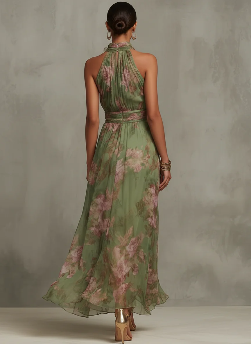 Robe Longue Fleurie à Col Halter pour Femme Maxi Fluide Taille Cintrée