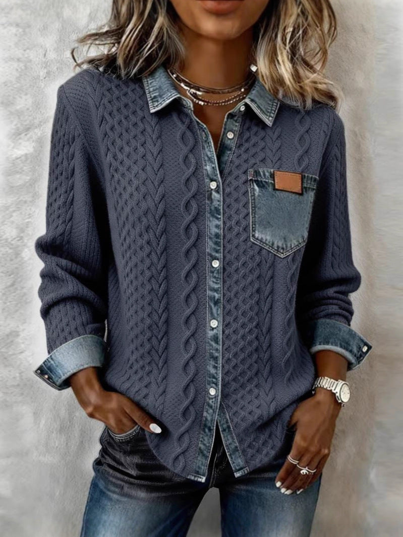 Cárdigan de mujer de punto trenzado con detalles de denim