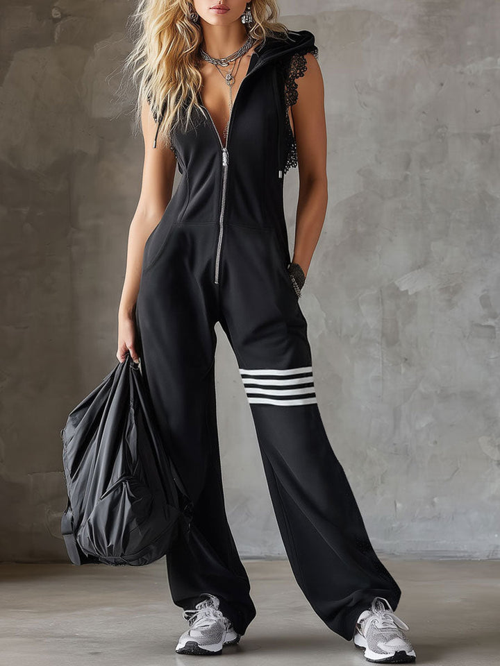 Combinaison femme rétro sporty capuche rayures