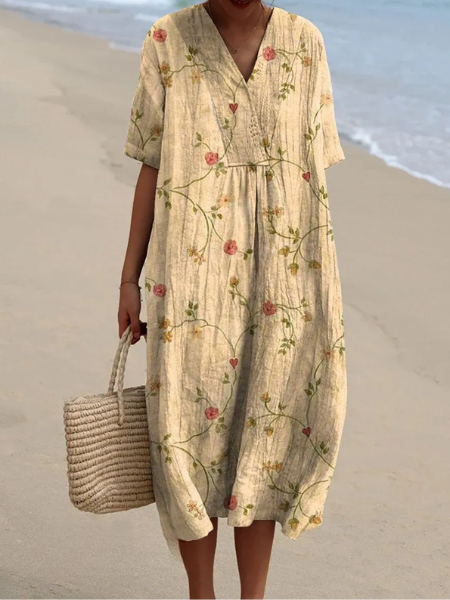 Women's Floral Print V-Neck Summer Midi Dress