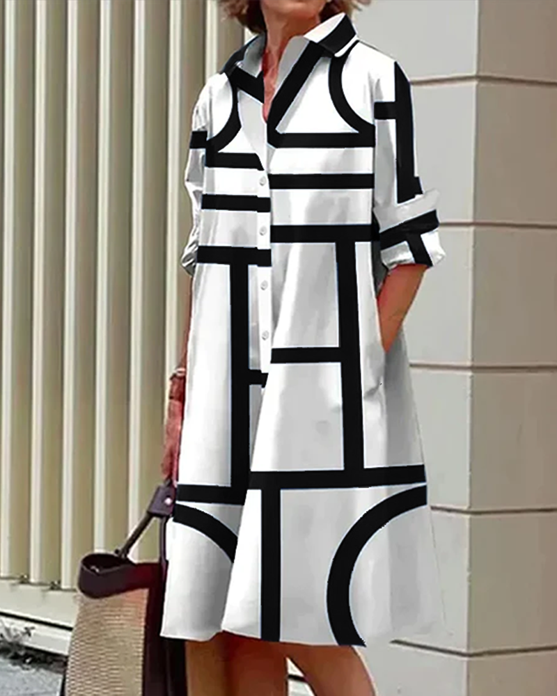 Robe Chemise à Motif Géométrique et Col Pour Femme