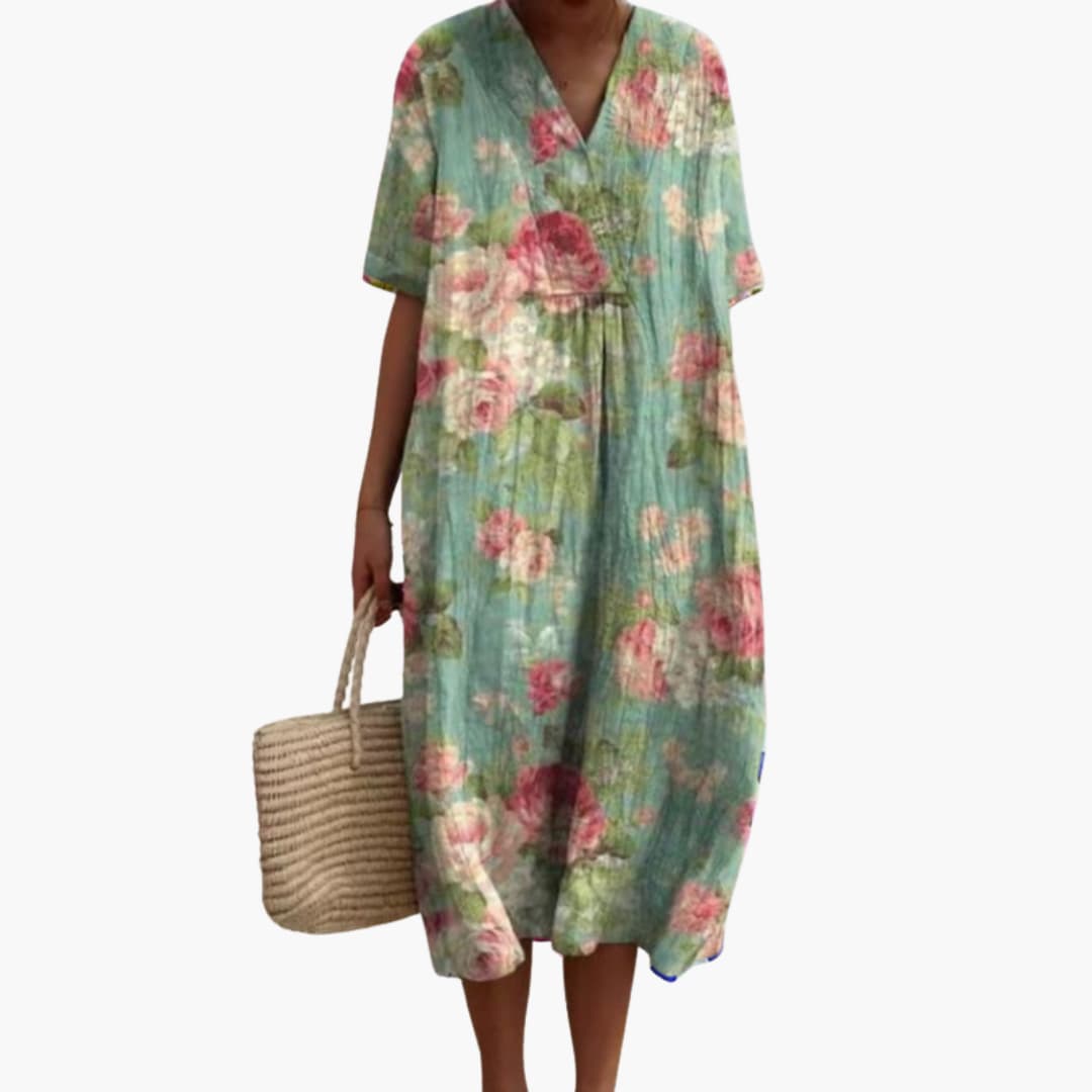 Robe Midi Femme Ample à Imprimé Floral avec Col en V
