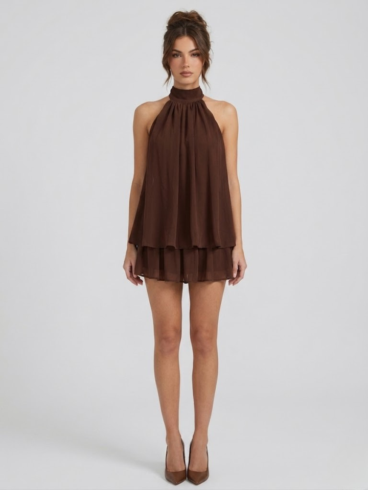 Robe courte femme dos nu col montant volants