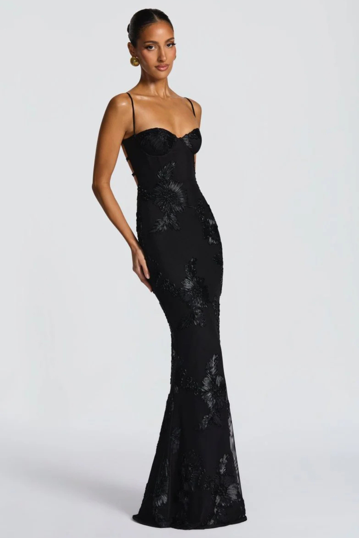 Robe Longue Femme Sirène à Bretelles Fines et Broderies Florales