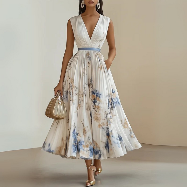 Elegantní midi květinové šaty s výstřihem do V pro ženy