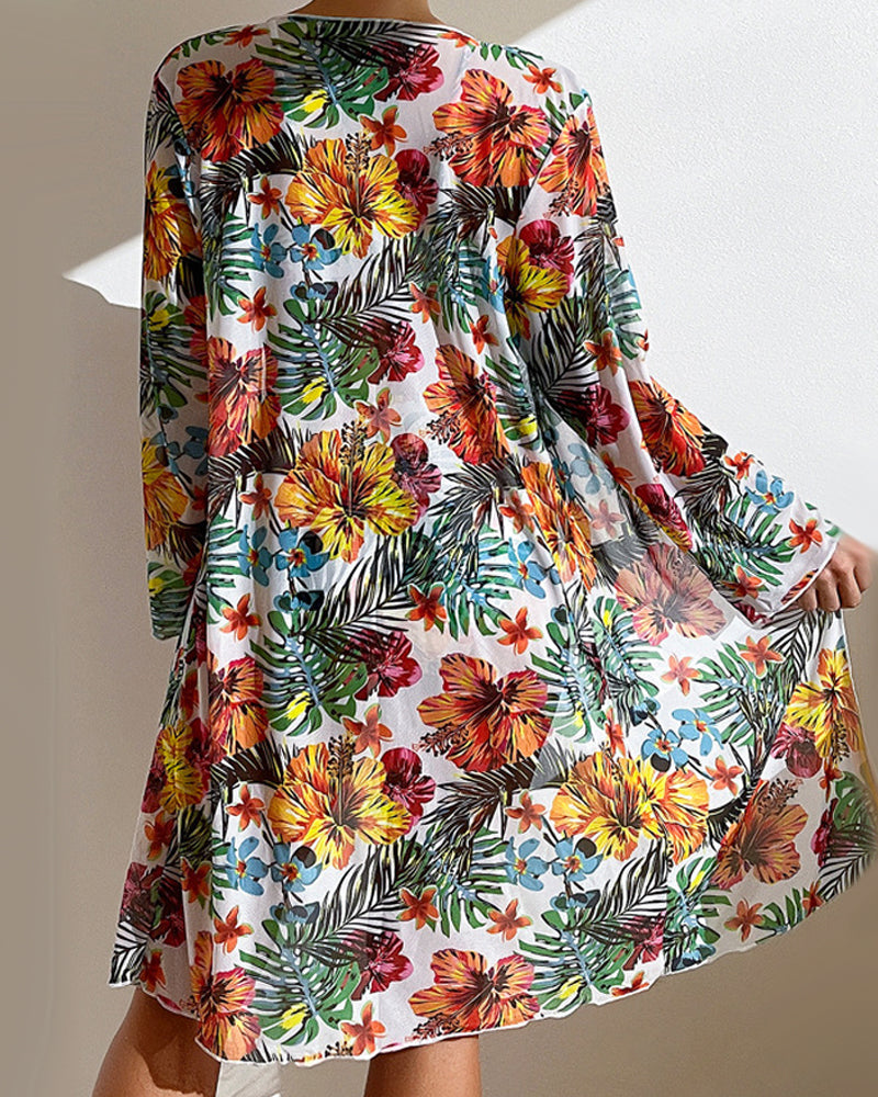 Ensemble Bikini Trois Pièces Fleuri Tropical avec Kimono Femm