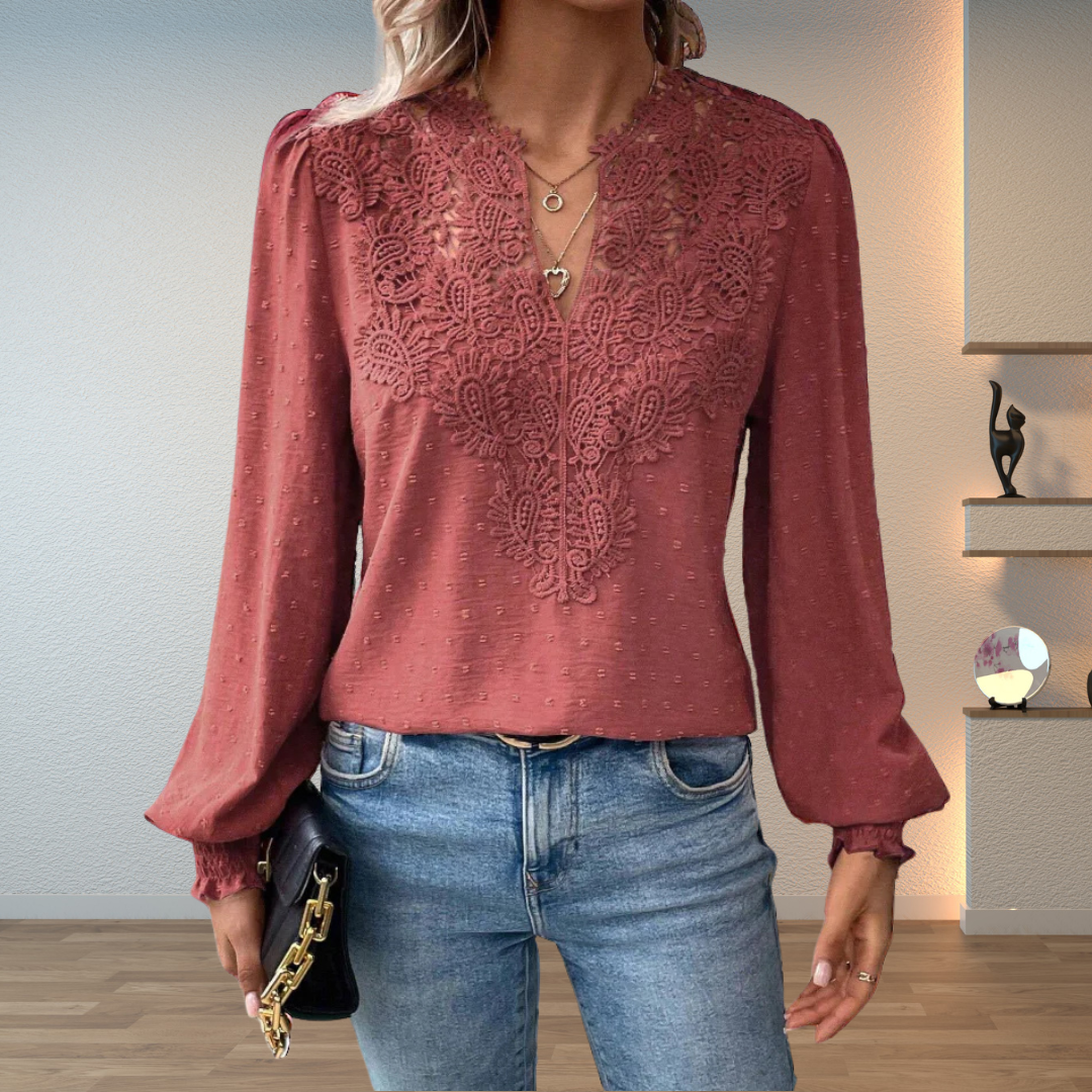 Blouse Femme Col V Brodé à Manches Longues Fluides