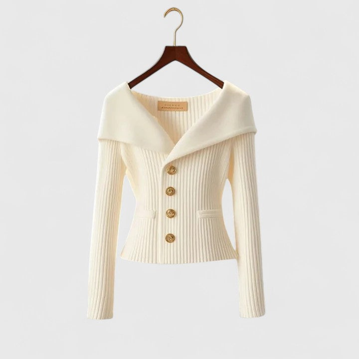 Cardigan Femme en Maille Côtelée à Boutons et Col Châle