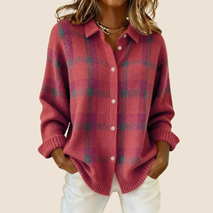Maglione a quadri abbottonato con colletto da camicia da donna