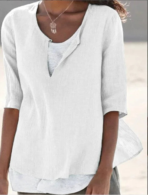 Blouse Décontractée à Encolure Fendue et Manches 3/4 Élégantes