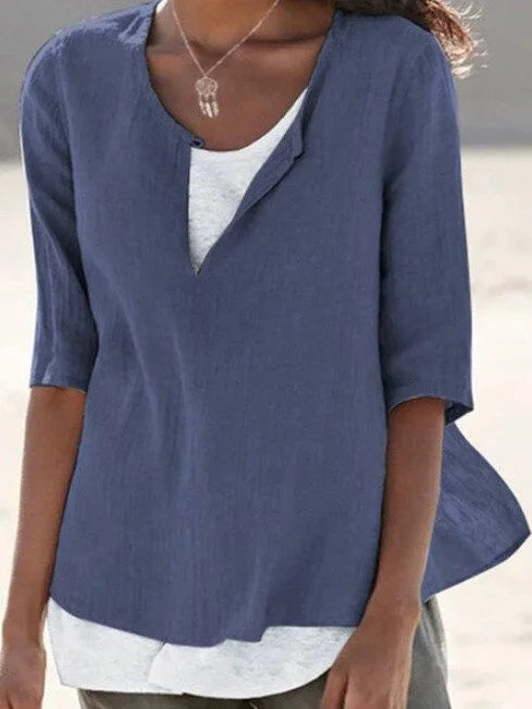 Blouse Décontractée à Encolure Fendue et Manches 3/4 Élégantes