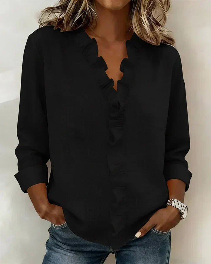 Blouse femme col V volants manches longues