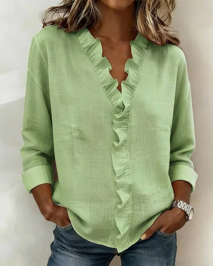 Blouse femme col V volants manches longues