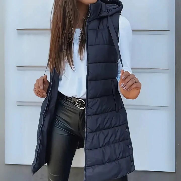 Gilet lungo da donna senza maniche con cappuccio