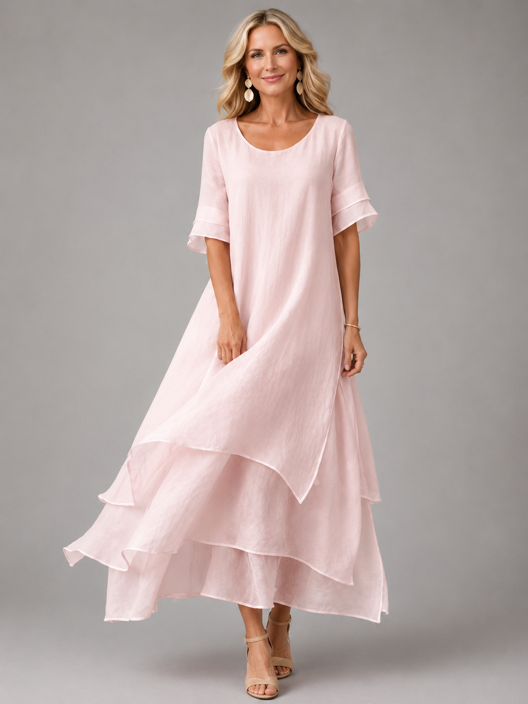 Women's Long Fluid Dress with Layered Ruffles and Flared Cut