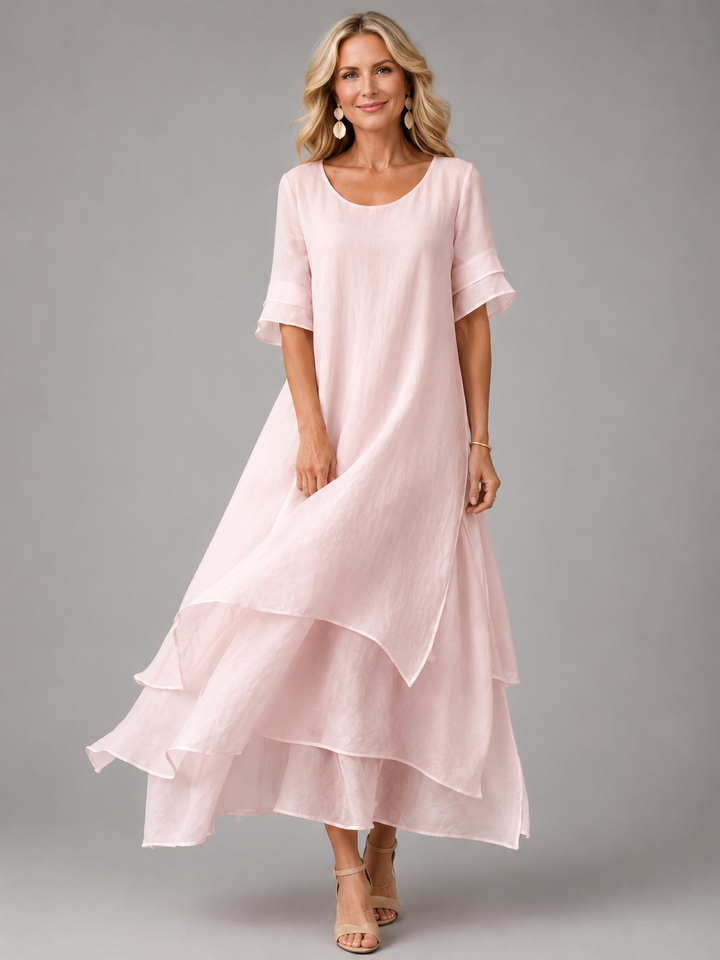Women's Long Fluid Dress with Layered Ruffles and Flared Cut