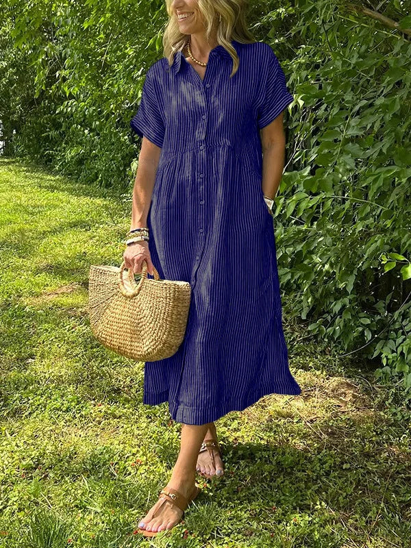 Robe Midi Chemise Rayée à Coupe Fluide et Élégance Décontractée