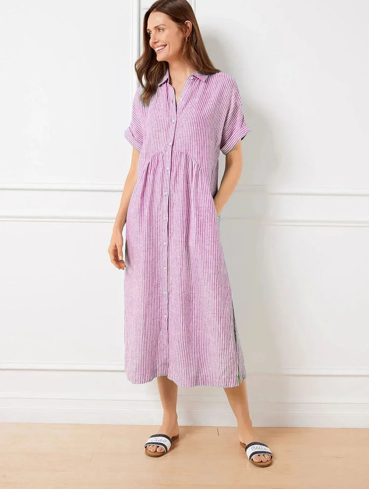 Robe Midi Chemise Rayée à Coupe Fluide et Élégance Décontractée