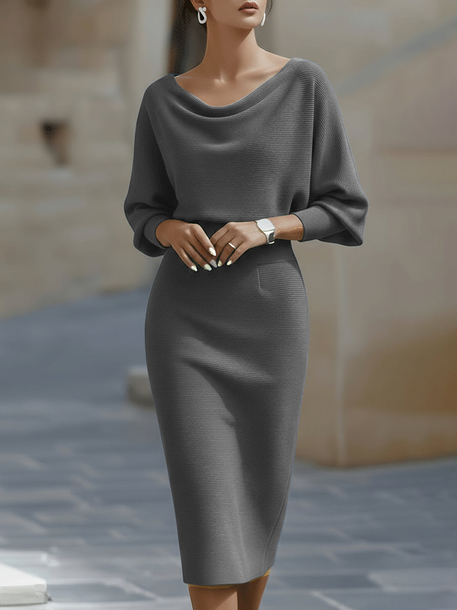 Robe Midi Femme à Col Drapé et Manches Chauve-Souris