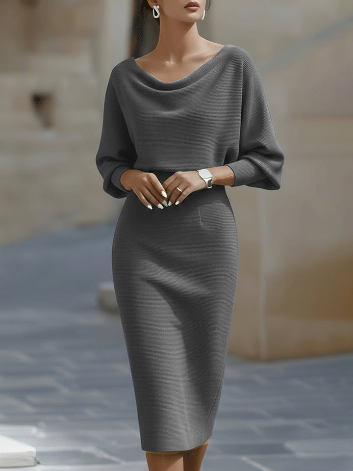 Robe Midi Femme à Col Drapé et Manches Chauve-Souris