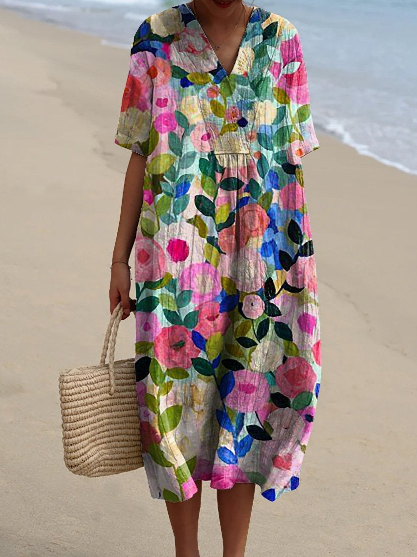 Women's Floral Print V-Neck Summer Midi Dress