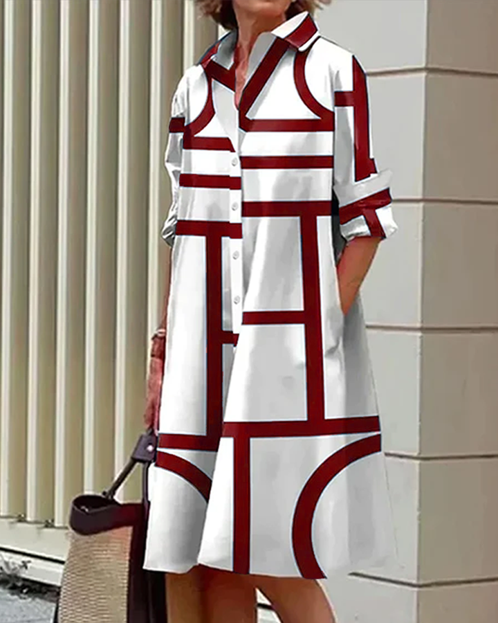 Robe Chemise à Motif Géométrique et Col Pour Femme
