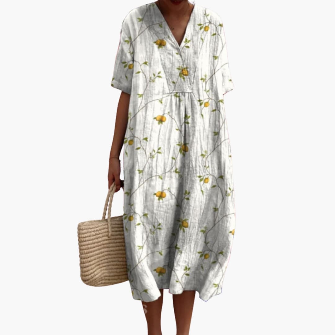 Robe Midi Femme Ample à Imprimé Floral avec Col en V