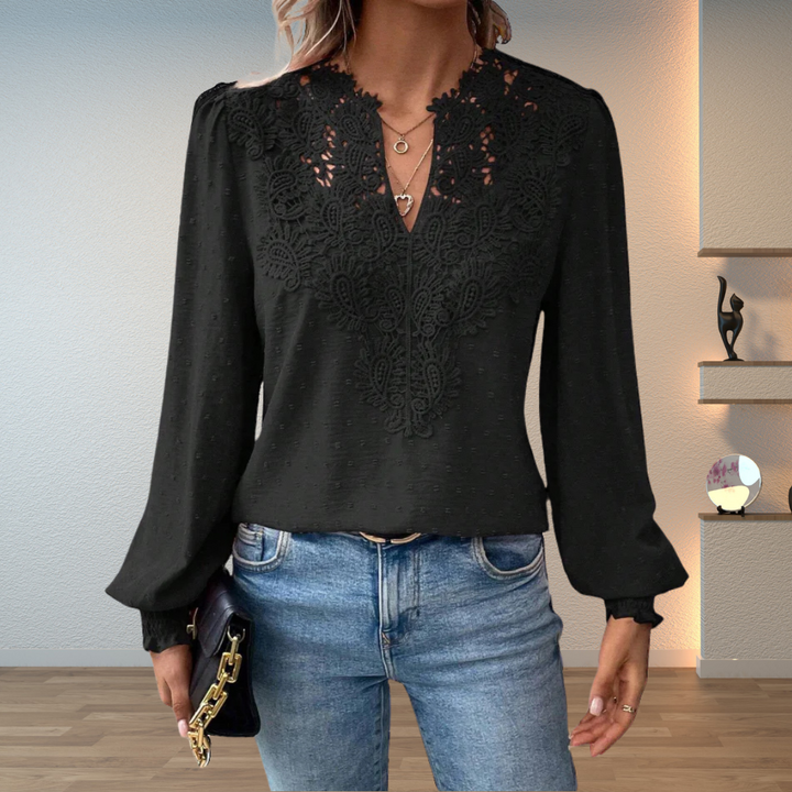 Blouse Femme Col V Brodé à Manches Longues Fluides