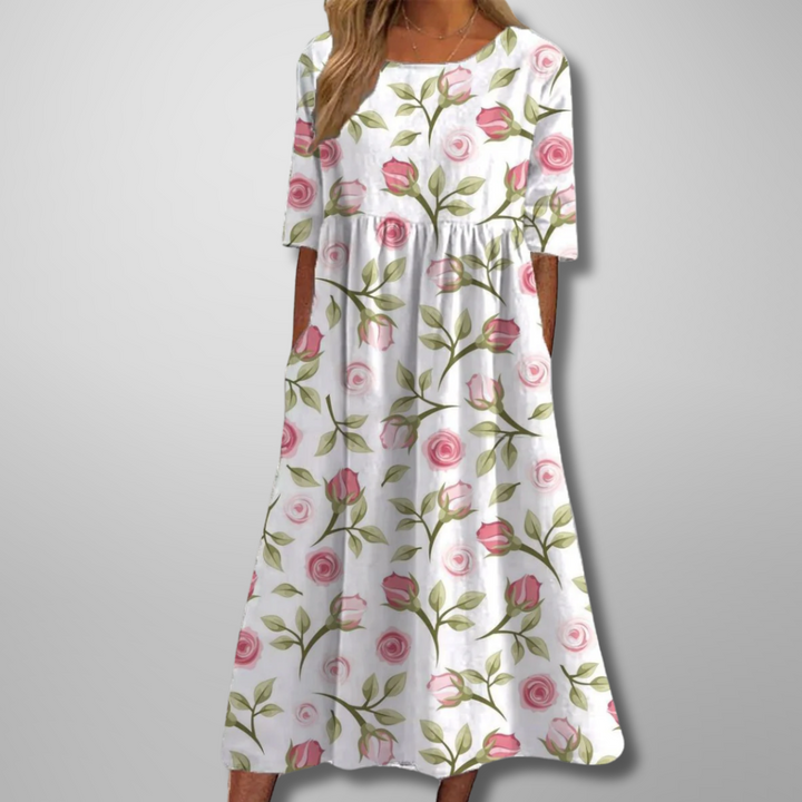 Vestito midi donna floreale collo tondo maniche corte ampio