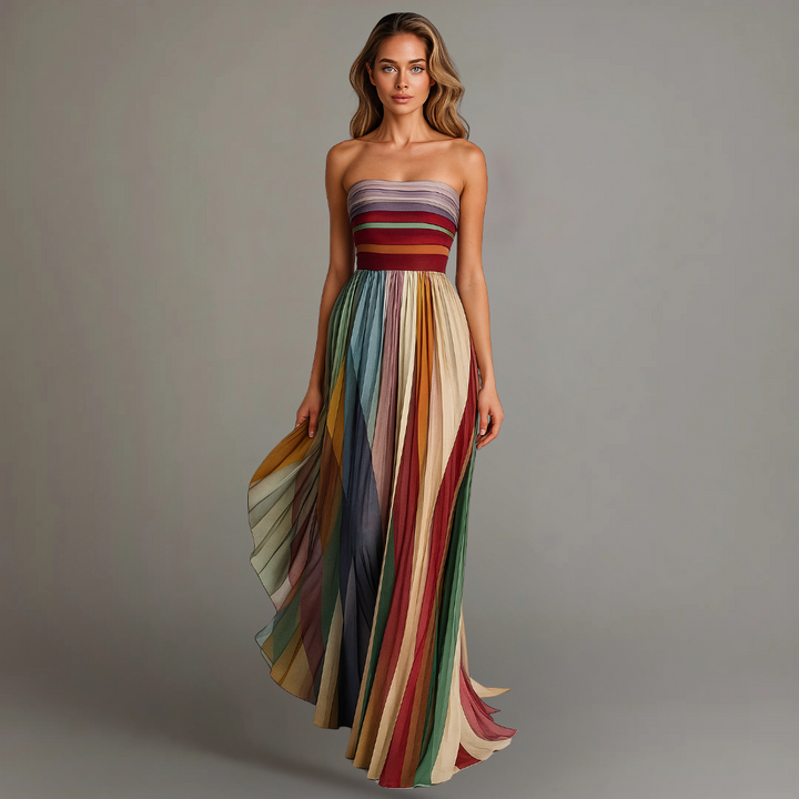 Strapless Maxi Dress with Internal Boning and Vertical Stripe Design, Floor Length, L
