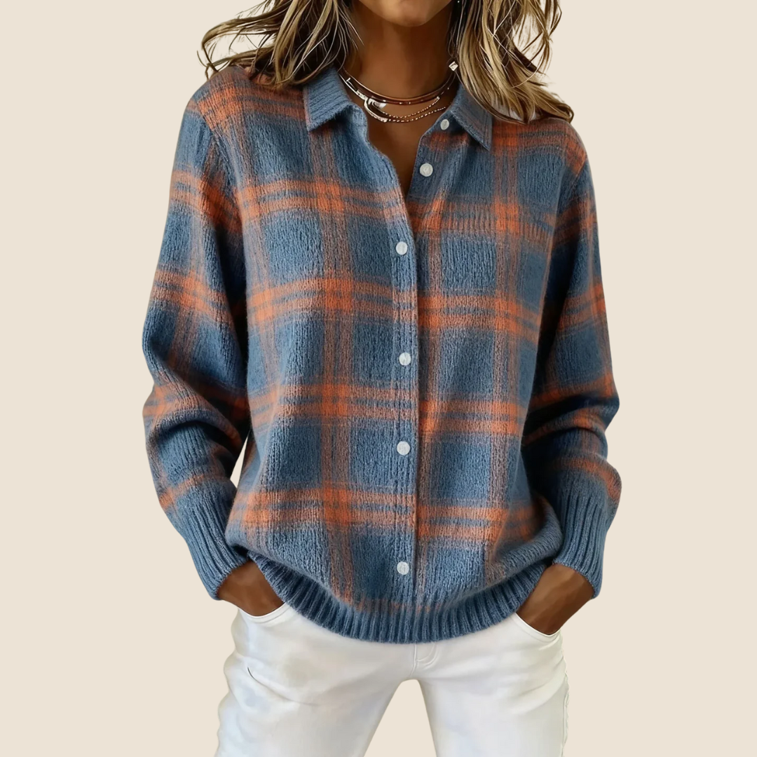 Maglione a quadri abbottonato con colletto da camicia da donna