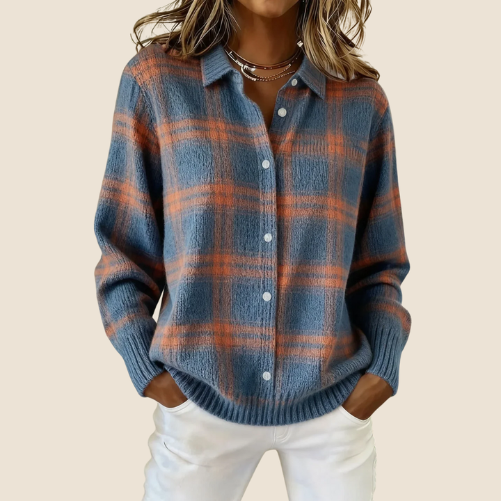 Maglione a quadri abbottonato con colletto da camicia da donna