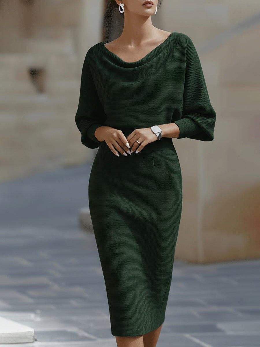 Robe Midi Femme à Col Drapé et Manches Chauve-Souris