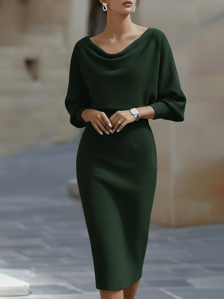 Robe Midi Femme à Col Drapé et Manches Chauve-Souris