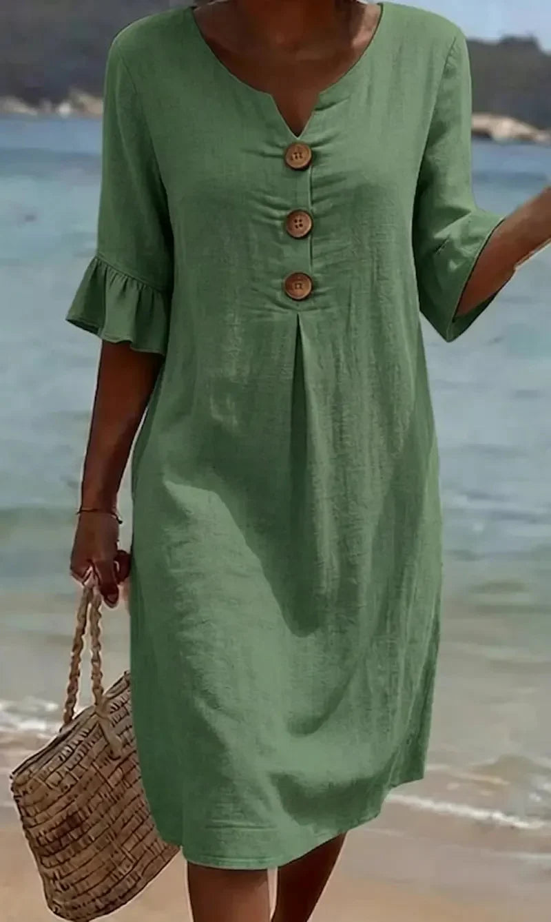 Robe Courte Décontractée à Boutons Décoratifs et Manches Volantées pour Femme