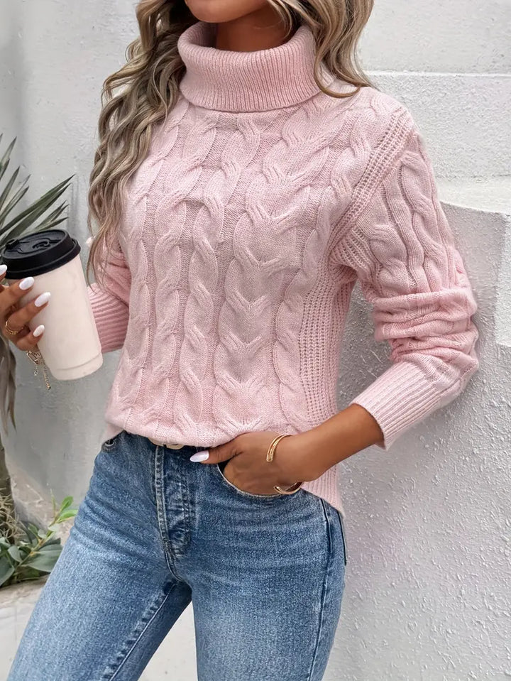 Maglione da donna in maglia lavorata a trecce, collo alto e maniche lunghe