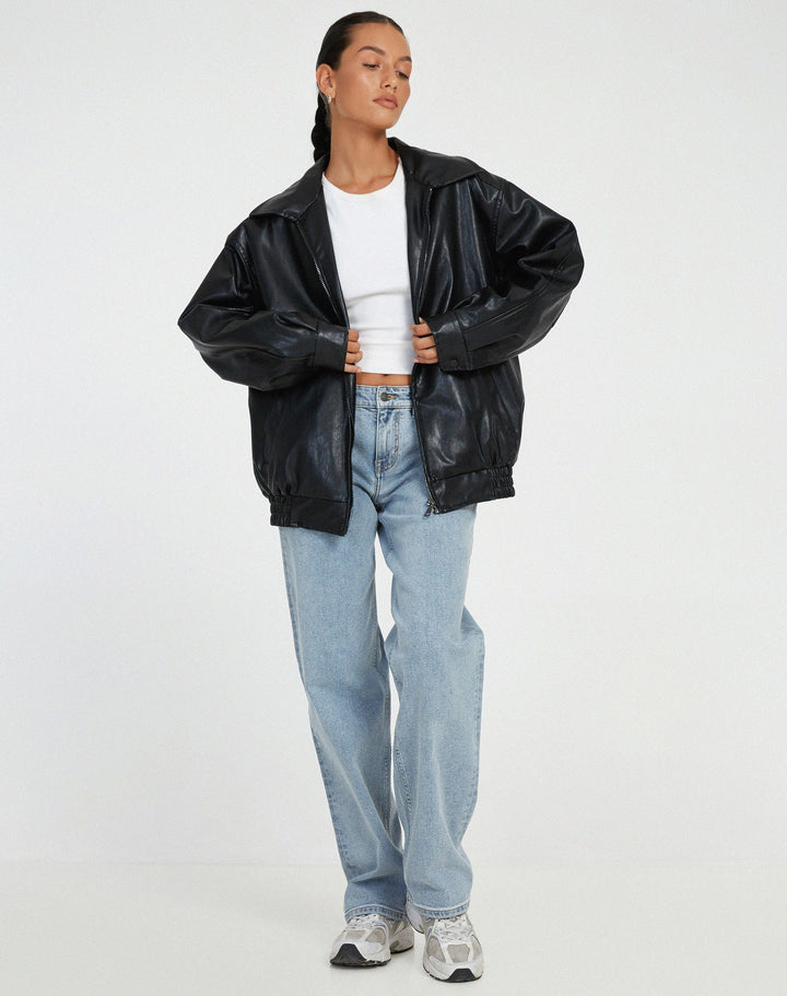 Chaqueta bomber oversize de cuero sintético para mujer